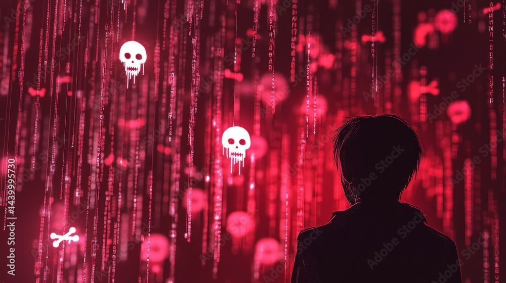 Wall mural programming code falling like rain over hacker silhouette, glowing skull and crossbones icons, cyber