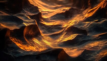 Close-up of rough rocky terrain illuminated by warm golden light.