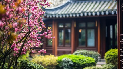 Blooming tree in a tranquil Chinese garden with traditional architecture.