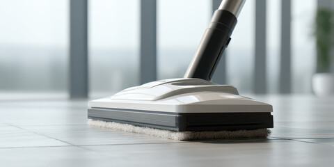 Modern cleaning device with white base and black handle glides over shiny tile floor, offering efficient maintenance 