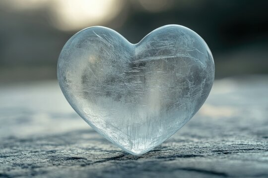 A frosted glass heart rests on a stone surface, symbolizing frozen emotions or a cold love.