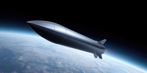 Fototapeta premium Sleek metallic rocket soaring above Earth's atmosphere, showcasing advanced aerospace technology in stark contrast with the planet's curvature and the vastness of space