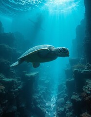 Sea Turtle Swimming in Coral Reef