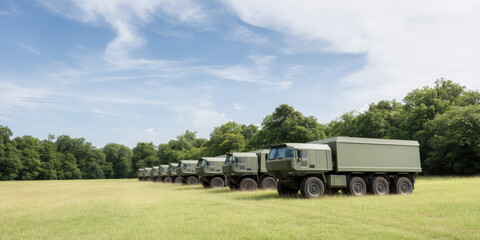Green military trucks with multiple wheels line up diagonally across a field with grass, flanked by dense green trees under a blue sky with scattered clouds