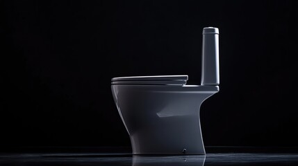 A modern white toilet against a stark black backdrop, sleek and clean.