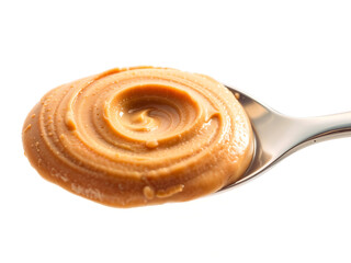 Fototapeta premium Spoonful of creamy peanut butter swirl on white background, perfect for food packaging, snack ads, healthy eating content, and peanut product promotions. Generative AI