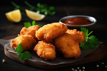 Fried chicken wings,  Crispy Chicken Nuggets with Zesty Dipping Sauce with dark background.
