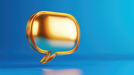 Shiny golden message bubble on blue background. Luxury communication icon for social media marketing, online advertising, promotion, and business conversation concept