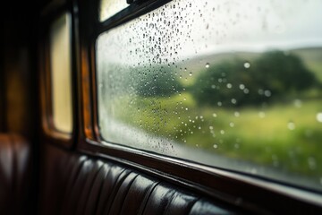 Obraz premium Rain-covered window of a vintage car, showcasing a blurred green landscape.