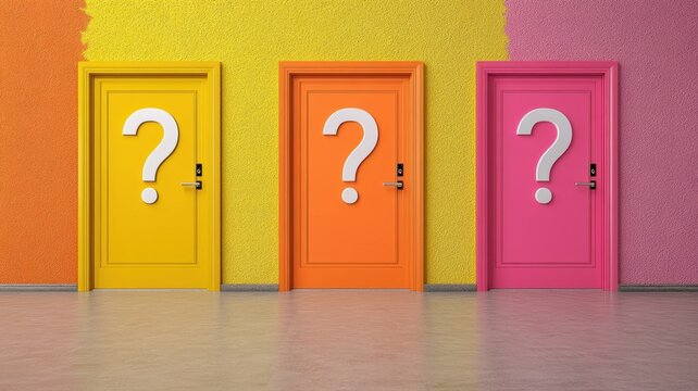 Vibrant yellow, orange, and pink doors with question marks in a colorful interior representing choices and decisions. Deadline approaching