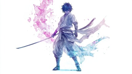 Anime samurai warrior with katana, watercolor splash.