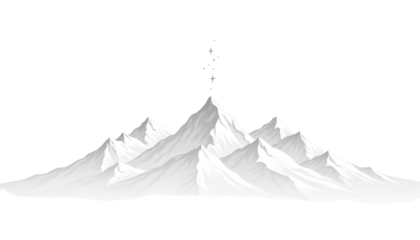 A simple black outline sketch of a snowy mountain with a small, isolated cottage nestled in the serene winter landscape, set against a pure white background, evoking a sense of peaceful solitude and t