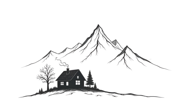 A simple black outline sketch of a snowy mountain with a small, isolated cottage nestled in the serene winter landscape, set against a pure white background, evoking a sense of peaceful solitude and t