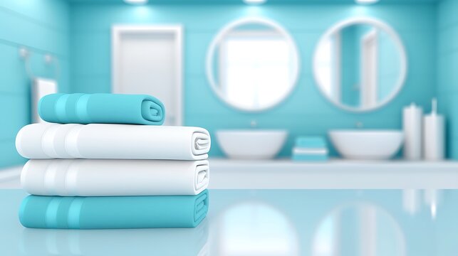 Freshly laundered towels in a pristine teal and white minimalist bathroom setting