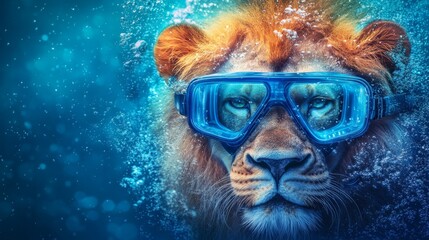 Fototapeta premium Majestic male lion wearing scuba mask underwater with bubbles rising through dark blue water. Concept of unexpected adventure and exploring new environments.