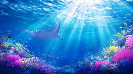 Fototapeta premium White manta ray swimming over vibrant coral reef with diverse fish and sun rays shining through the water, depicts underwater ocean life and tropical marine ecosystem.