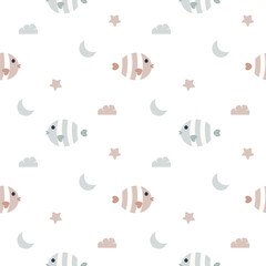 Fish cartoon so cute. On star cloud moon white background. Pattern seamless vector illustration. 