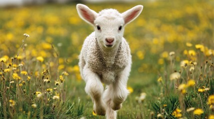 Obraz premium Spring Lamb Running Through Meadow