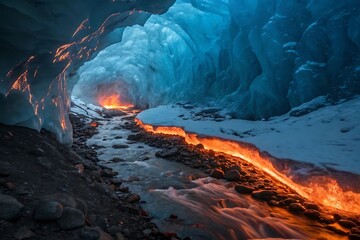 A mesmerizing icy cave with a glowing river of lava flowing through it. The ice is a stunning blue, creating a dramatic contrast with the fiery red of the lava. The cave looks magical and mysterious.