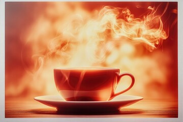 Obraz premium A steaming cup of tea or coffee, warm and inviting, bathed in a warm, orange glow.