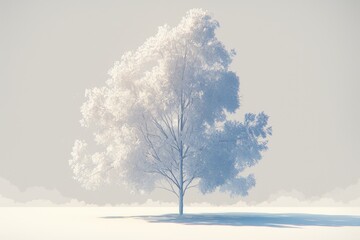 Solitary tree, frosted, in misty field.  Soft light