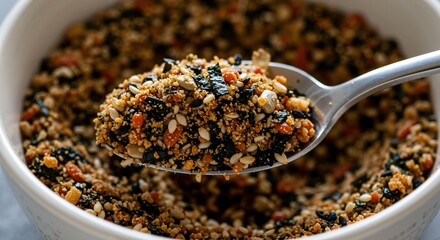 A Close-Up of a Spoon Scooping Flavorful Mixed Seasoning Blend with Nuts and Seeds, Perfect for Culinary Enthusiasts and Home Chefs