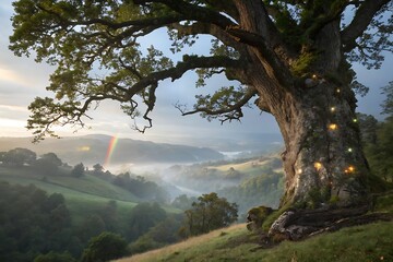 Obraz premium Majestic oak tree on a hilltop overlooking a misty valley with a rainbow. Fairy lights adorn the tree trunk.