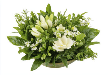 beautiful floral arrangement featuring white flowers and lush green foliage, perfect for decoration or gifting