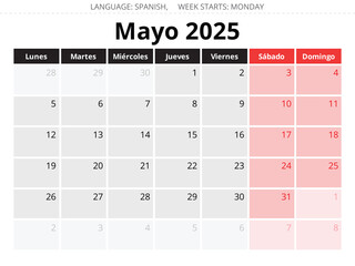 2025 Spanish May monthly calendar - Mayo. Vector illustrations month for Spain