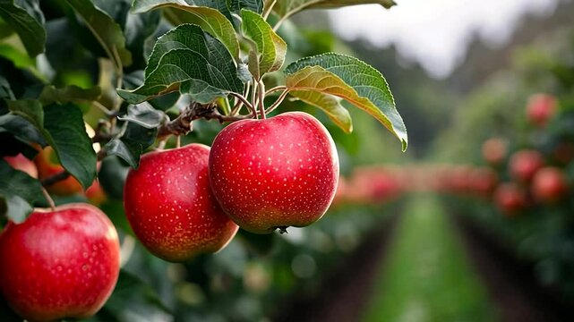 Close-up view of ripe red apples on a tree branch in an orchard. Lush green leaves surround the fruit. Rows of apple trees stretch into the background, creating a sense of depth and abundance