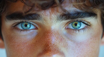 Intense Close-Up of Young Adult Male's Face Highlighting Striking Blue Eyes and Complex Skin Detail