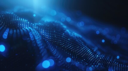 Abstract picture of blue light particle with digital technology style design connecting become dynamic of electric wave movement represent about flowing of data or structure of network system. AIG53.