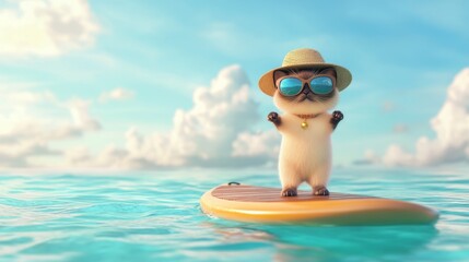 Cute animal surfing ocean wave with straw hat and sunglasses enjoying summer vacation. Fun character riding paddleboard. Holiday concept.