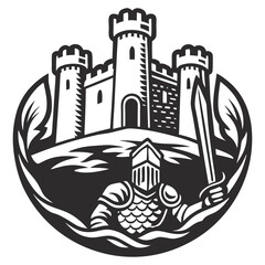 Naklejka premium Knight in full plate armor standing vigilant, protecting stone castle walls, vintage style circular monochrome illustration, medieval fantasy graphics.