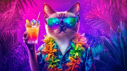 Party animal cat with sunglasses and lei. Humorous pet portrait with hawaiian shirt and tropical drink. Funny and surreal concept art for social media or card.