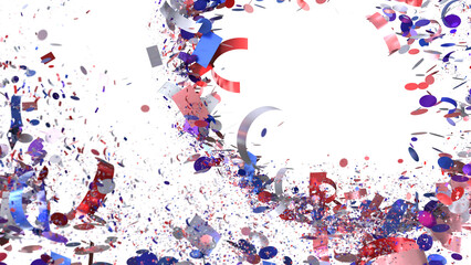 Celebrate with this festive image of red, blue, and silver confetti exploding on white background.