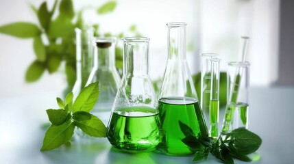 Glassware with green liquid and plants suggesting scientific research.