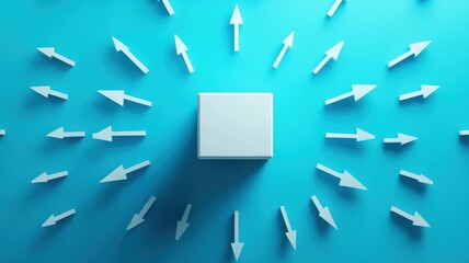 White cube surrounded by dynamic arrows on vibrant blue background creating a sense of movement and focus in a minimalistic design concept. Deadline approaching