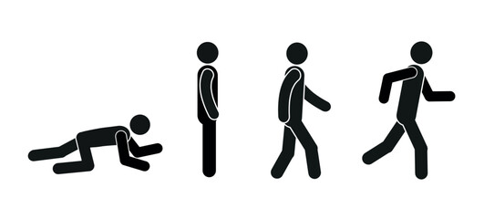 a man crawls, stands, walks, runs, human evolution, pictogram of a human figure in different poses, sketch
