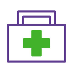 Minimalist depiction of healthcare kit in purple outline on white background