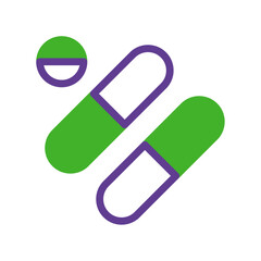 Minimalist Pharmaceutical Icon: Two Capsules and a Tablet in Vibrant Green and Purple