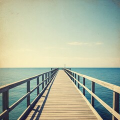 Obraz premium Vintage Wooden Pier Perspective Extending into Calm Blue Ocean Horizon. Retro coastal summer scene, aged paper texture sky background.