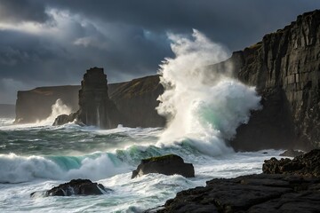 Dramatic waves crashing against the rugged coastline. The image captures the raw power of nature, with the force of the waves contrasting with the stoic cliffs