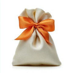 Gift bag with orange ribbon: An elegant gift bag made of white silk with a tied orange satin ribbon. Its simple beauty is a perfect way to present a special gift.