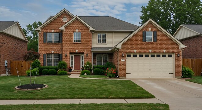 A well-maintained two-story brick home with a welcoming front entrance, a two-car garage, and a neatly landscaped yard is located at 1891 Hidden Deer Ln in Knoxville, Tennessee.
