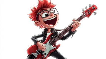 Fototapeta premium Joyful cartoon boy playing red electric guitar.