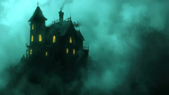 Spooky haunted house on a hill shrouded in fog. Perfect for Halloween or horror themed projects., halloween background