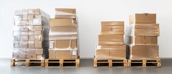 Two pallets with cardboard boxes and plastic wrap against a white wall.