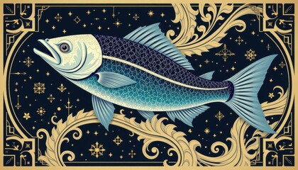 art deco an elegant art deco inspired illustration with streamlined fish and intricate patterns in the background, evoking a sense of luxury.