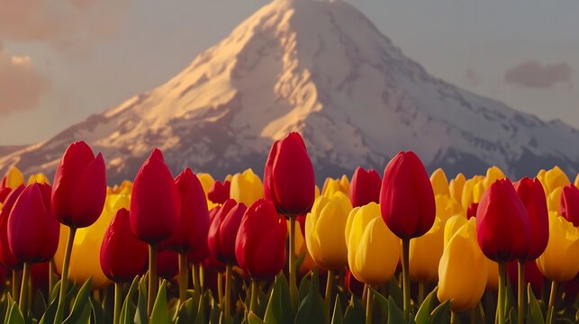 Vibrant tulip field with majestic mountain backdrop evokes spring serenity